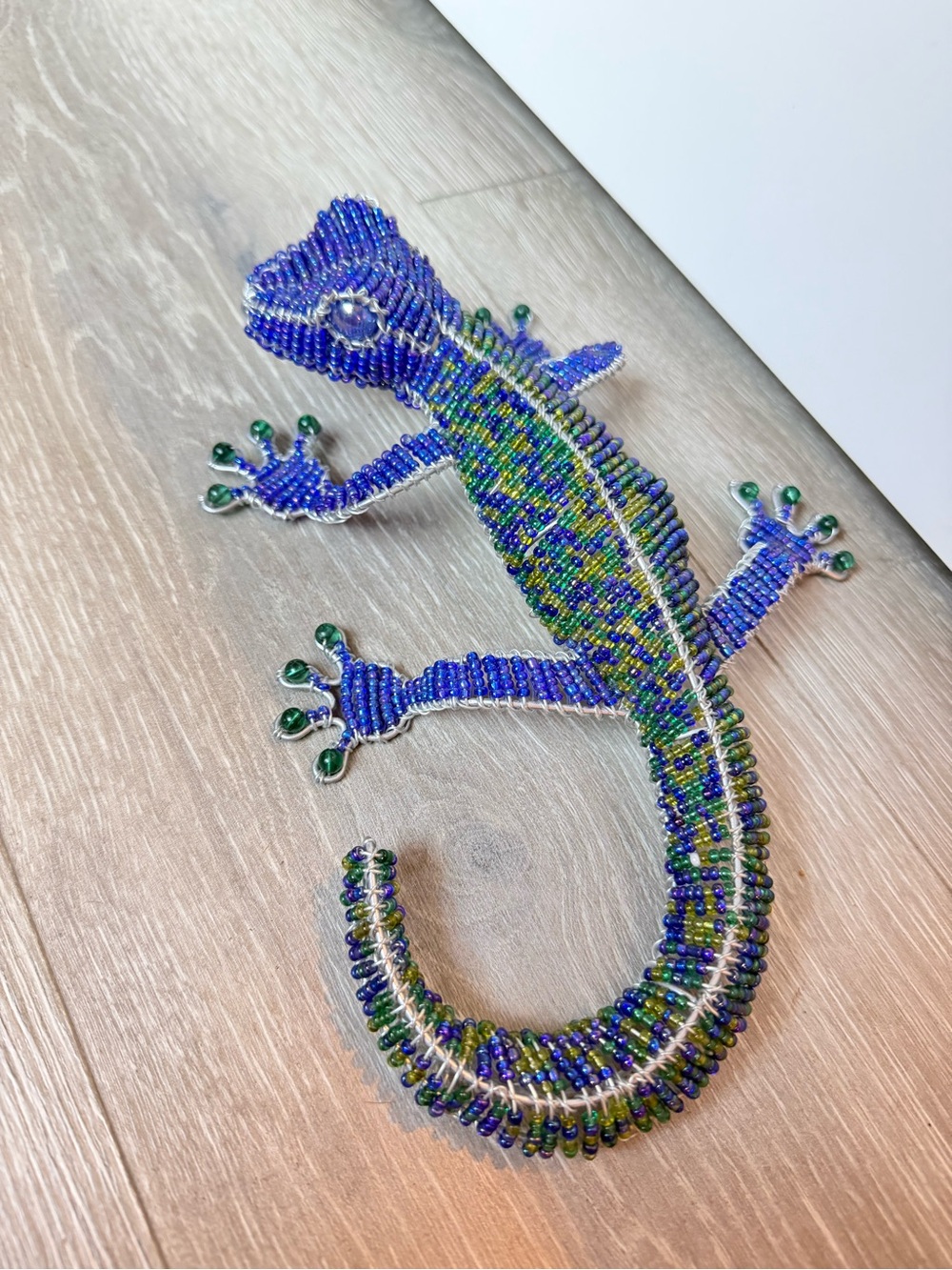 Handmade Beaded Gecko Ornament - Blue & Green